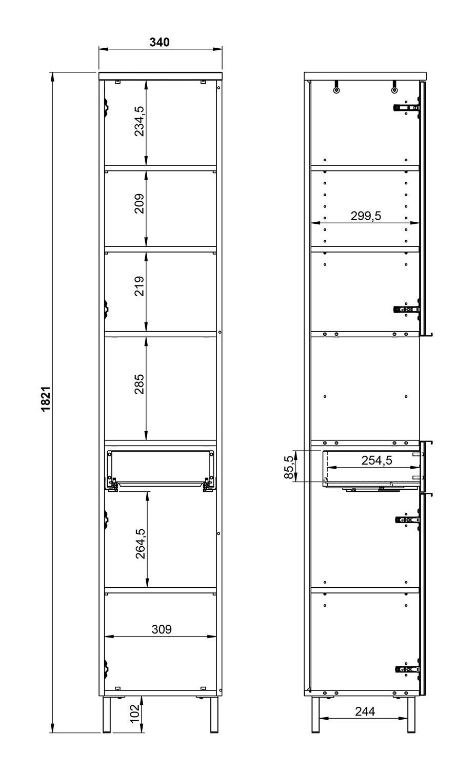 H Schublade 1 mit 183 Graphit und Dekor, cm, Türen Glasfront Vito Hochschrank 2 CORUS,