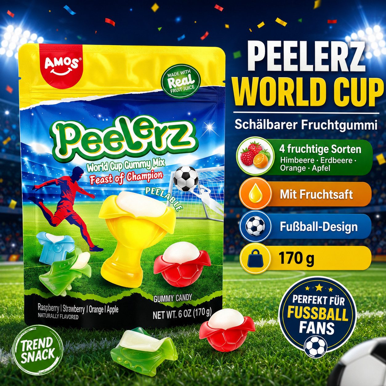 AMOS Süßigkeit AMOS Peelerz Fußball-Fruchtgummi – 3 Varianten – Candy & Bar