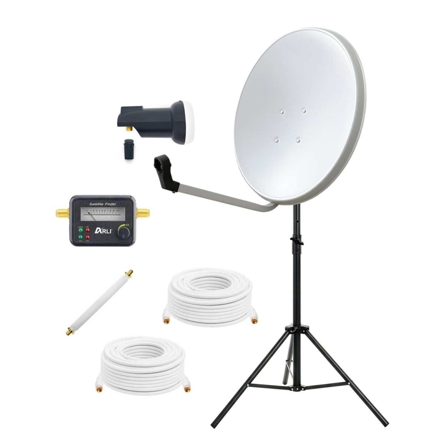 ARLI 60 cm SAT Anlage mit Single LNB Stativ Satfinder 3 m + 7 m Kabel Camping Sat-Anlage (für Balkon Garten), Fensterdurchführung Satellitenschüssel weiss
