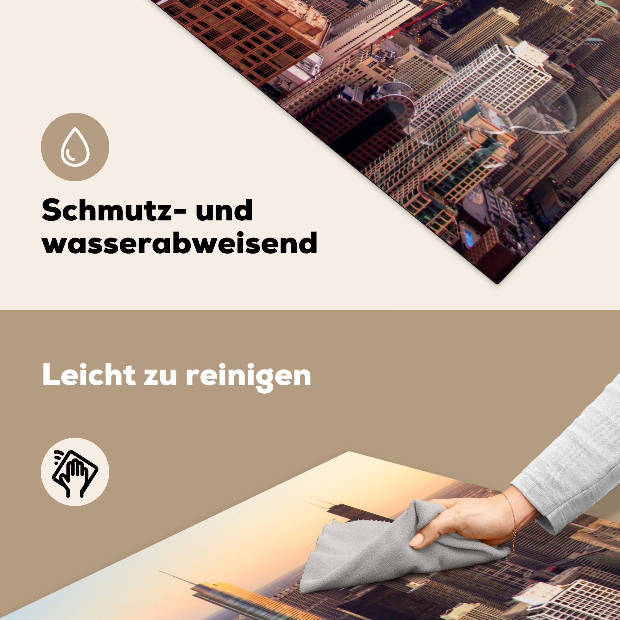 Trump tlg), küche Vinyl, Hotel dem Der cm, MuchoWow Herdblende-/Abdeckplatte für über 78x78 Sonnenuntergang International Tower, and (1 Ceranfeldabdeckung, Arbeitsplatte