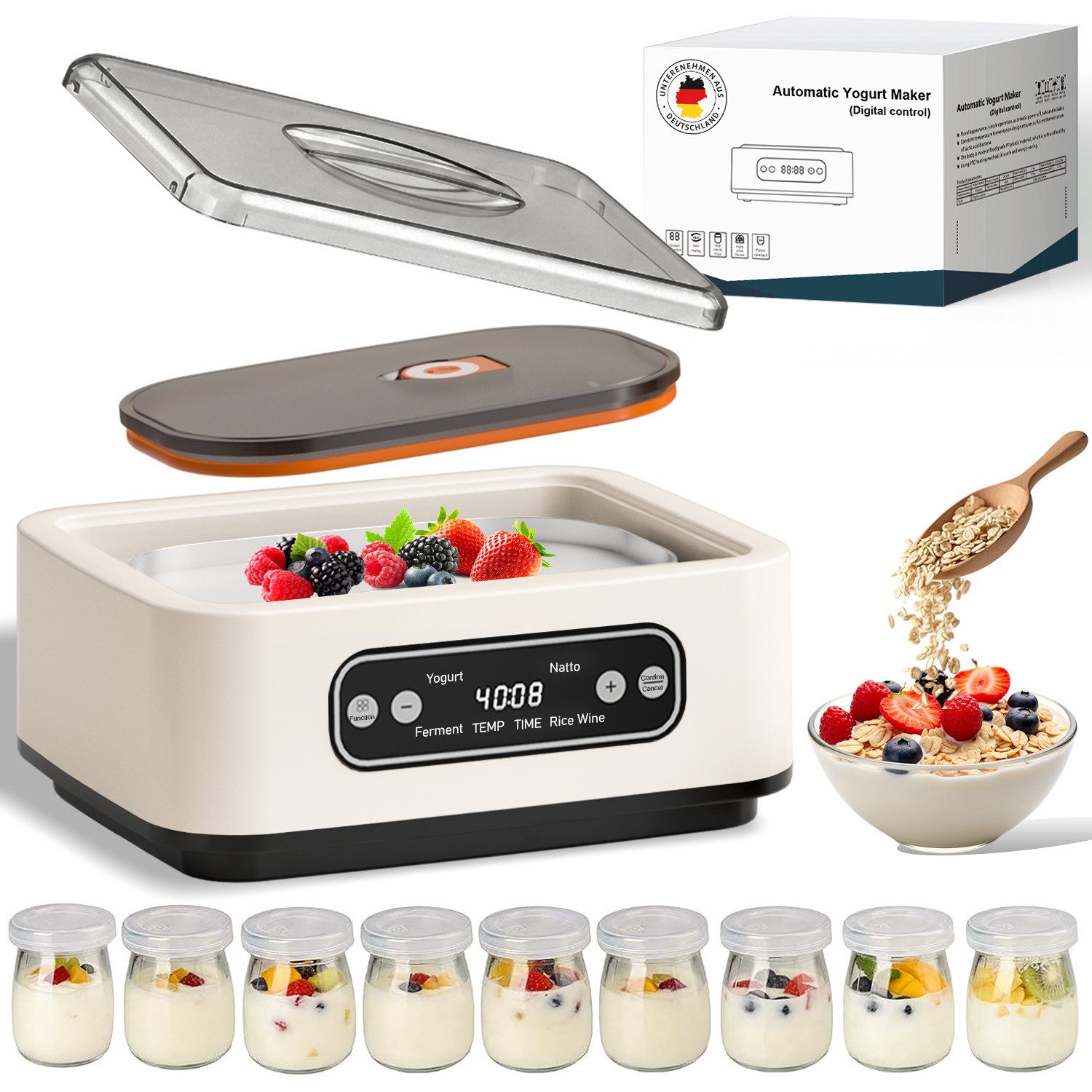 SWGOTA Joghurtbereiter Joghurtbereiter, 1,6 L SUS304-Innenbehälter, Temperatur & Timer, OLED, 9 Borosilikat-Gläser für Fermentation, Joghurt, Natto & Reiswein