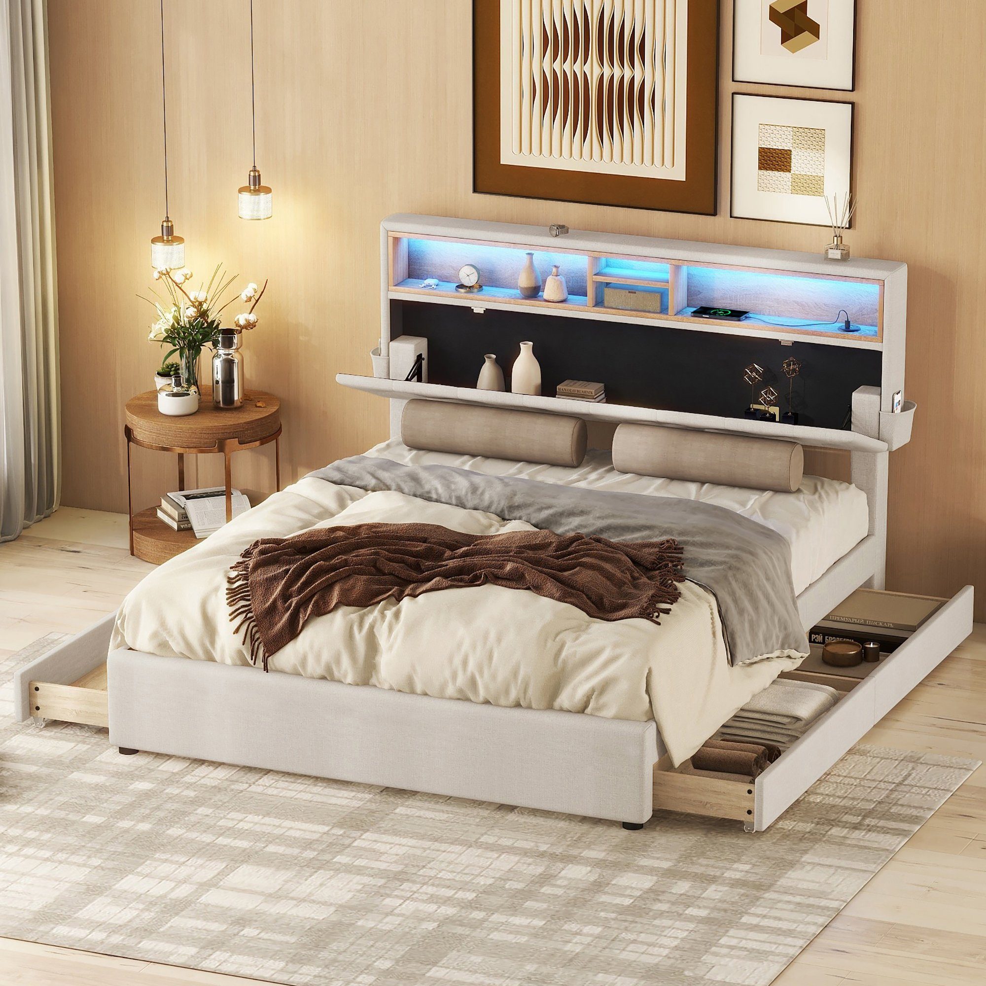 Ulife Polsterbett Doppelbett Stauraum-Kopfteil LED-Beleuchtung Funktionsbet günstig online kaufen