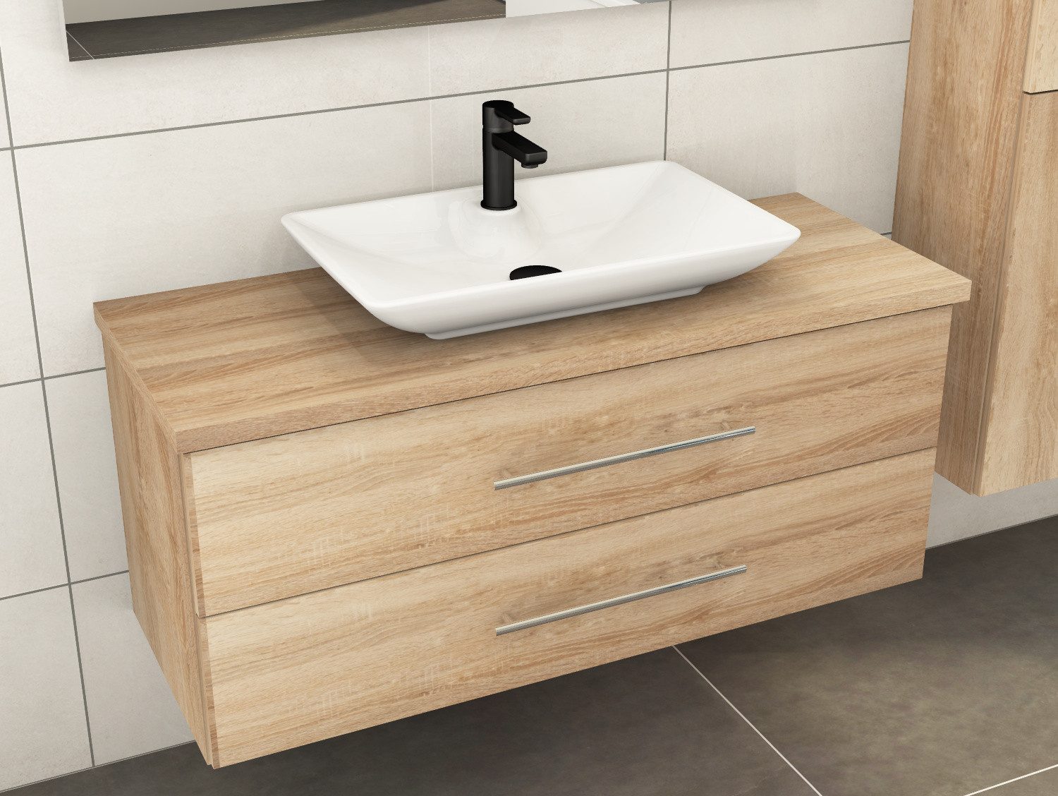 Aqua Bagno Badmöbel-Set Badmöbel-Set Flex 120 cm Eiche Gold mit Keramikbecken & Trägerplatte, (vormontiert, 3-St., Badmöbelschrank melaminbeschichtet, Trägerplatte, Keramikwaschbecken), einfache Montage, Skandi