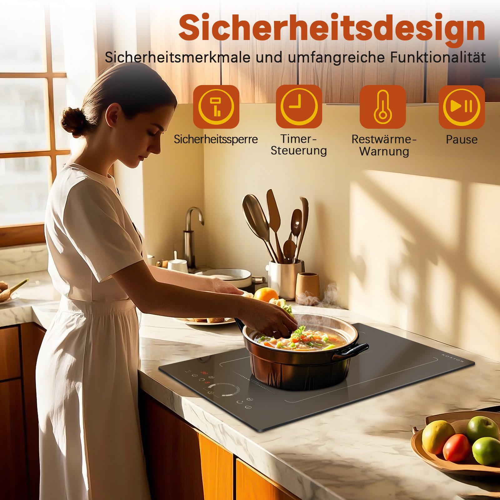 NOXTON Induktions-Kochfeld Induktionsfeld 2 Zonen mit Stecker, Kochfeld 30 cm Einbau, mit Rundregler, Timer, Sicherheitsschloss, 3500W