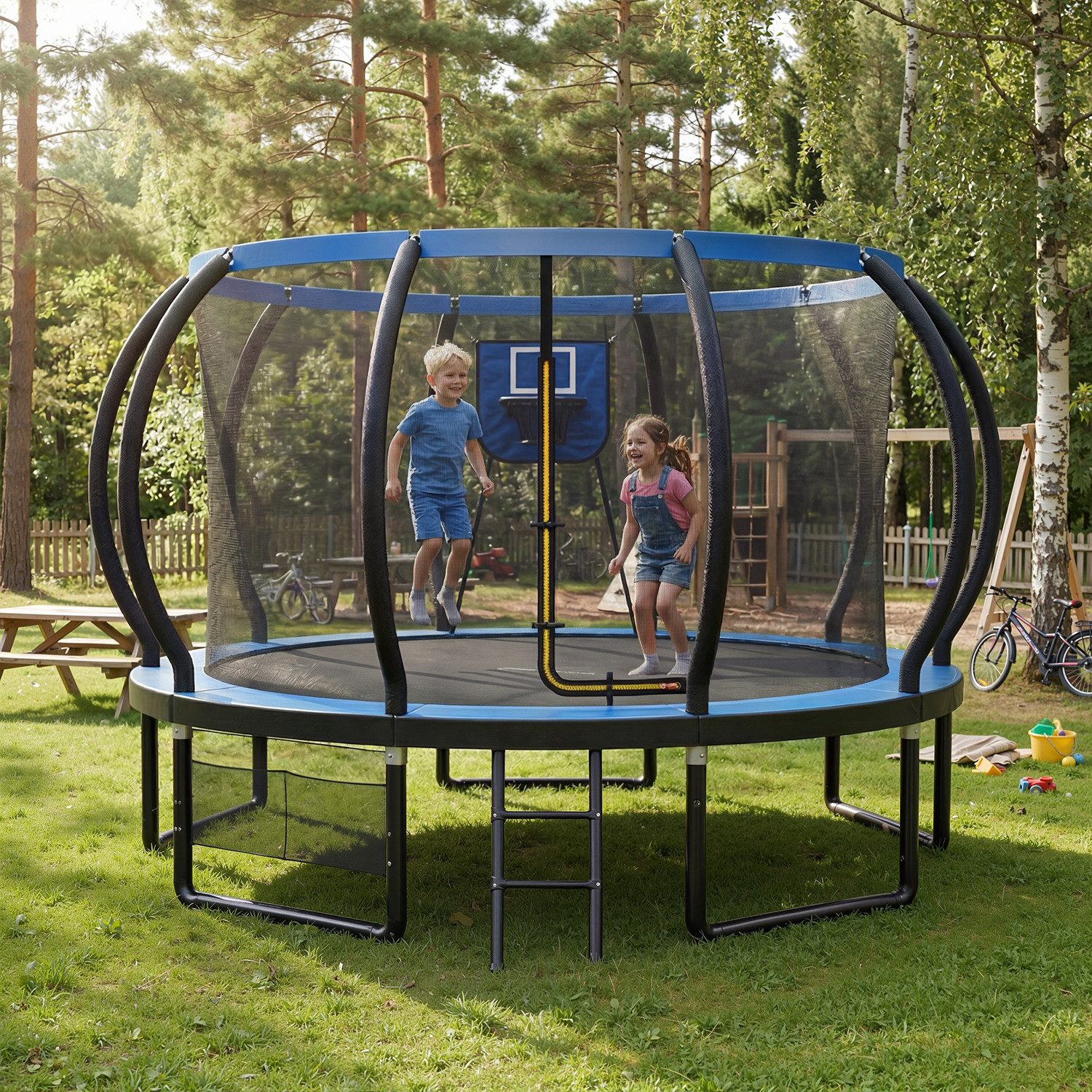 HOMALL Gartentrampolin Basketballkorb-Trampoline, Outdoor-Trampoline, Kindertrampoline, Ø 366 cm, (228/305/366/427 cm, komplett mit Basketball, Pumpe, Sicherheitsnetz, Leiter und 360°-Geländer, maximale Belastbarkeit 150 kg)