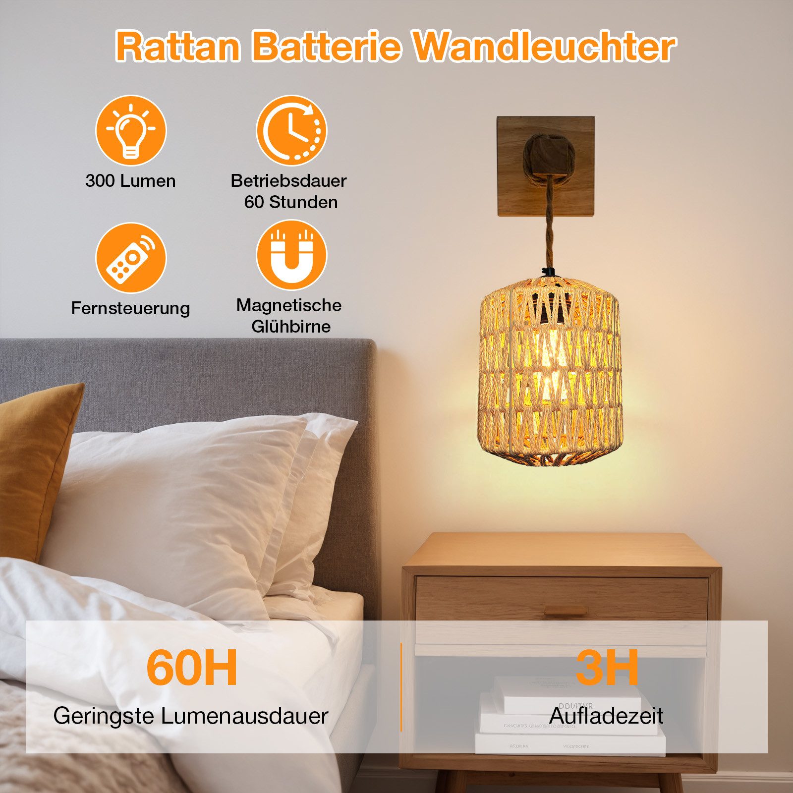 MUPOO LED Wandleuchte Vintage Innen Wandleuchte,E27 Retro Holz Wandlampe, RGB Glühbirne, LED fest integriert, mit Rattan Lampenschirm,Handgewebte im Farmhouse - Stil
