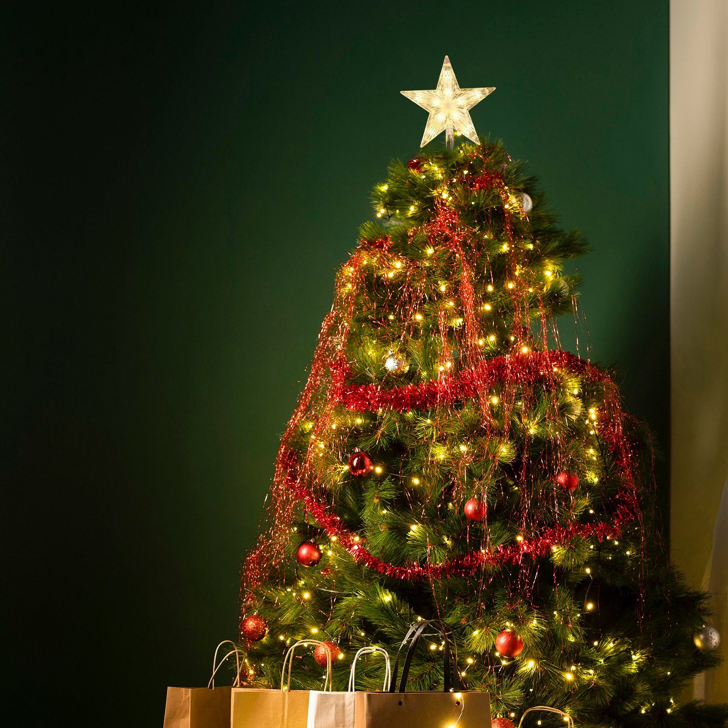 Salcar LED-Lichterkette 1,5m-3m Weihnachtsbaum Lichterkette LED mit Weihnachtsbaumspitze Stern, 8 Girlanden und 1 Sternspitze, 9 Beleuchtungsmodi und Memory-Funktion