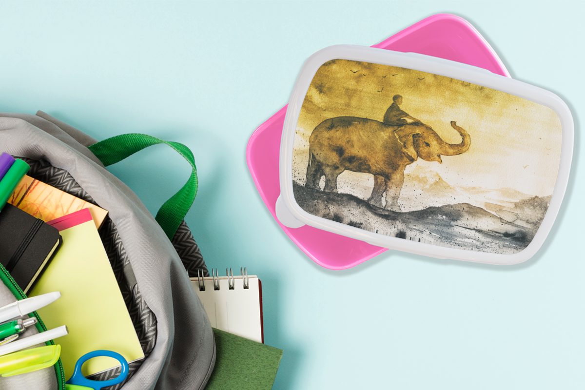 Erwachsene, Kind Kinder, Lunchbox - Aquarell, rosa Kunststoff Kunststoff, Snackbox, - MuchoWow Mädchen, Berg Brotbox für Brotdose (2-tlg), - Elefant