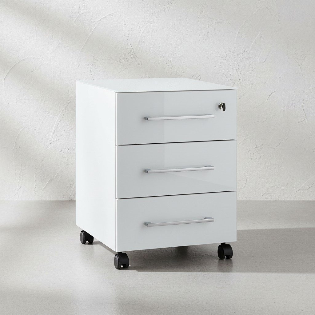 KADIMA DESIGN Rollcontainer Rollcontainer Glasfront 3 Schubladen Soft-Close & Abschließbar Modern, (ABS-Kante, Melaminharzbeschichtung. Mobil auf 4 Rollen (2 mit Bremse), 40x50x55 cm, Homeoffice, Made in Germany, Serie "Muenchen" Büromöbel