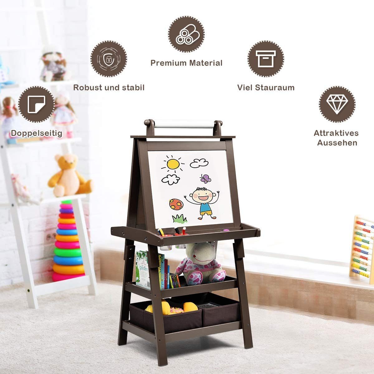 COSTWAY Standtafel Kinder Staffelei, doppelseitig, mit Magneten & 2 Boxen