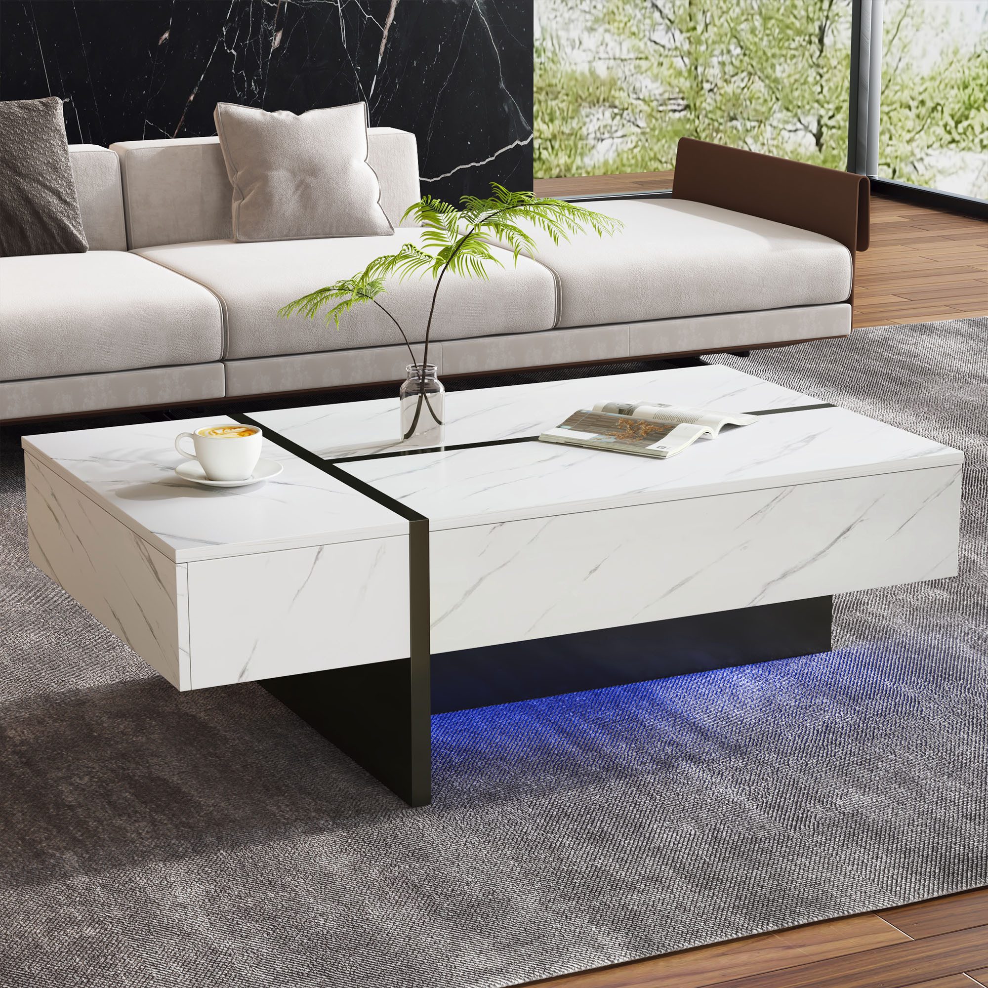 OKWISH Couchtisch Moderner weißer Wohnzimmertisch LED 105x60x35cm Marmordekor Hochglanz (Unregelmäßiges Design Couchtisch mit 3 Schubladen), mit LED-Beleuchtung, Marmormuster, Hochglanz Tischplatte,105*60*35cm
