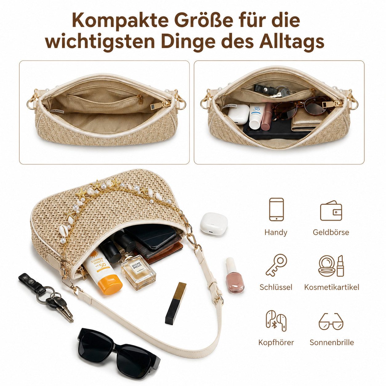 nsihing Schultertasche Schultertasche Damen Stroh, Geflochtene Basttasche Boho, Mit Anhängerkette, Verstellbarem Gurt für Strand & Urlaub
