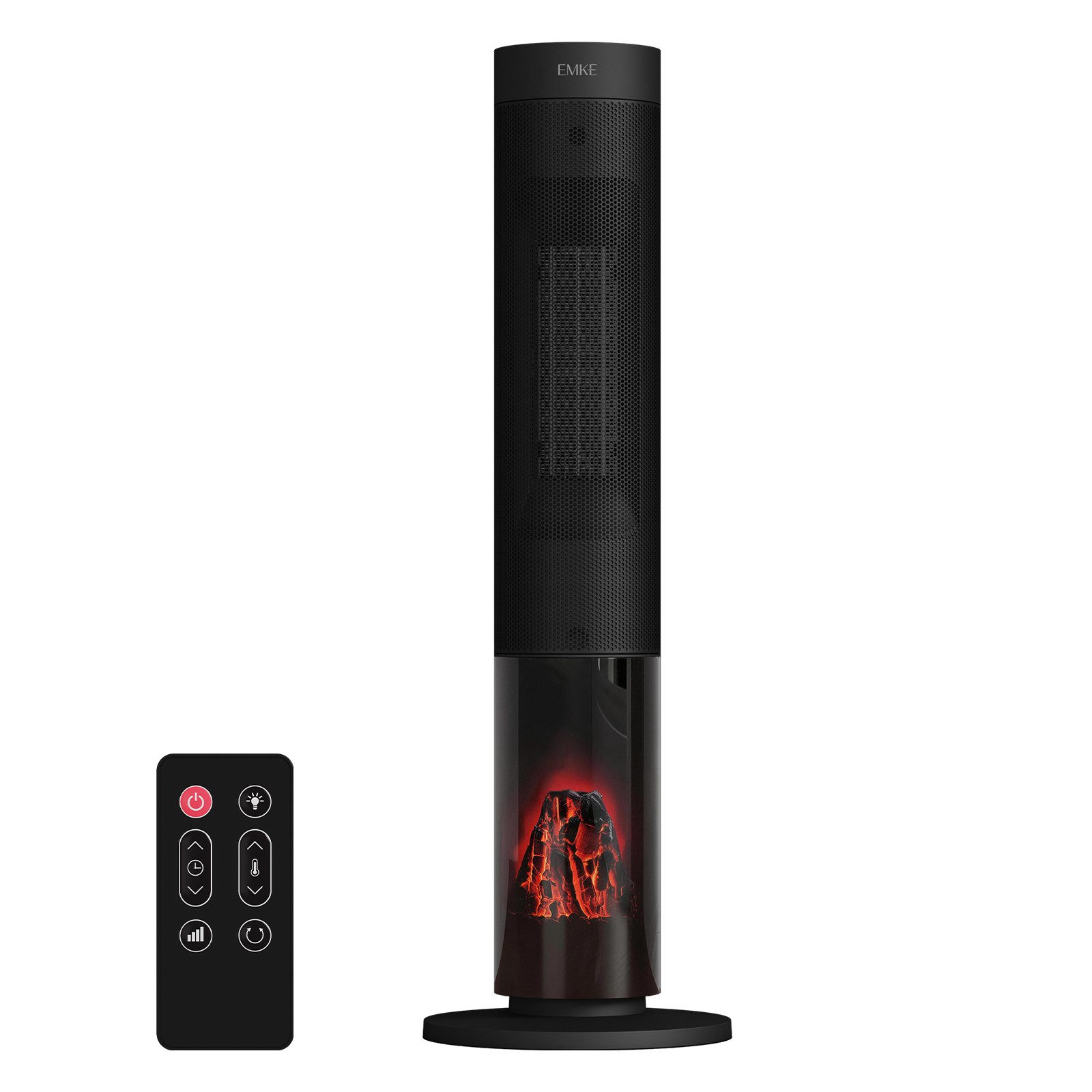 EMKE Heizlüfter Turmheizer mit Thermostat, Oszillation simulierten Flammen 2000 W, Mobiler PTC-Heizer mit Fernbedienung, Timer und ECO-Funktion