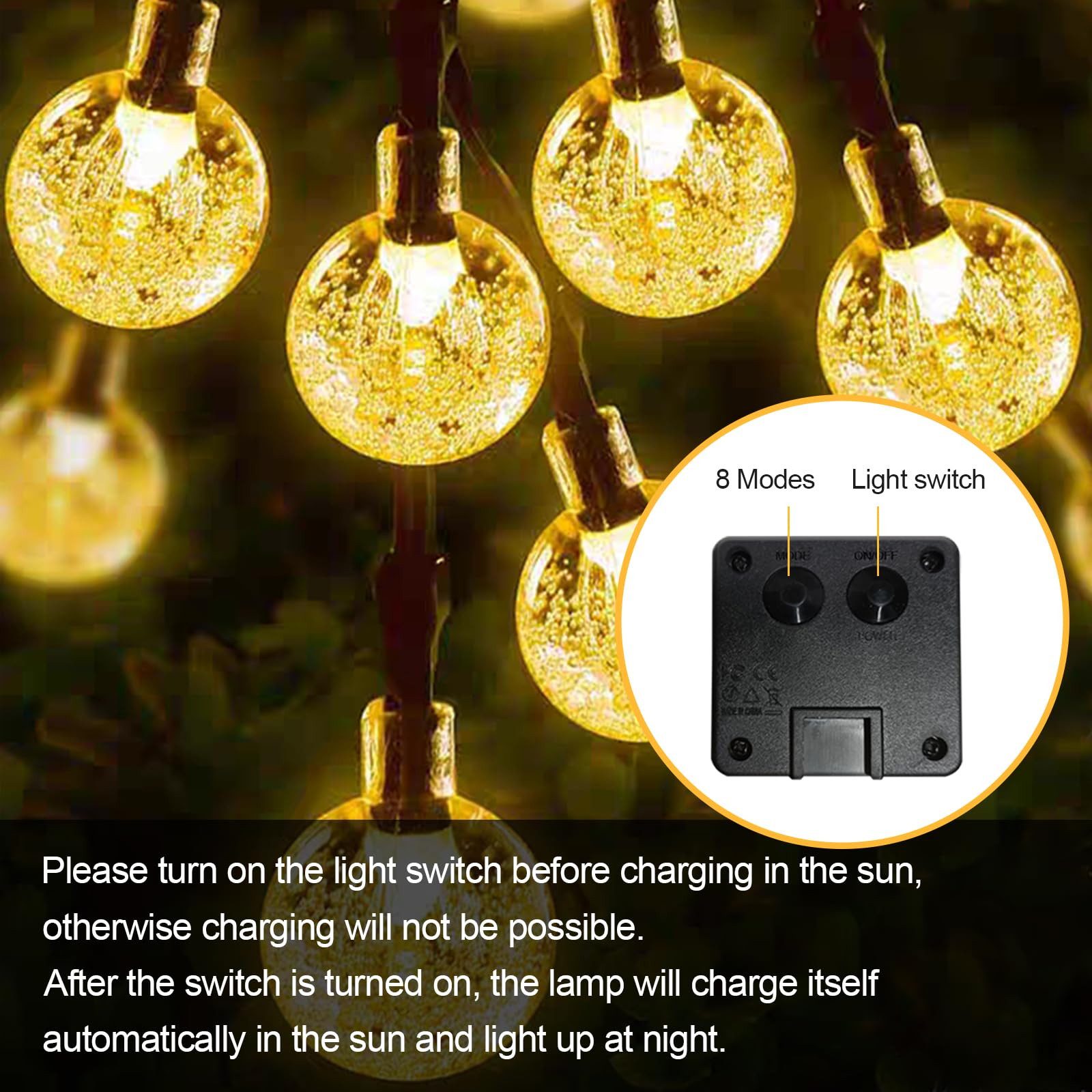 LQWELL LED Solarleuchte LED Kugeln Lichterkette Aussen Solar Gartenleuchte, Solar Kettenlicht Kristall Kugeln, LED fest integriert, Warmweiß, 15LED 5M 33FT 8 Mo – Bild 5 von 5