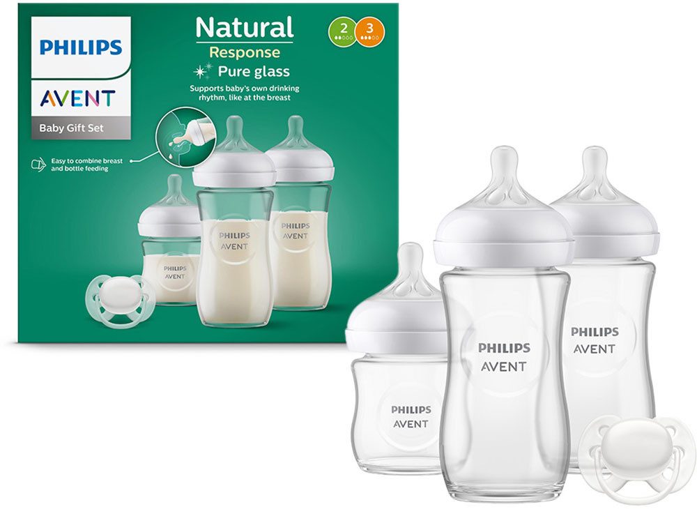 Philips AVENT Babyflasche Natural Response Starter-Set Glas für Neugeborene SCD878/11, 3 Бутылки aus Glas und ultra soft Schnuller
