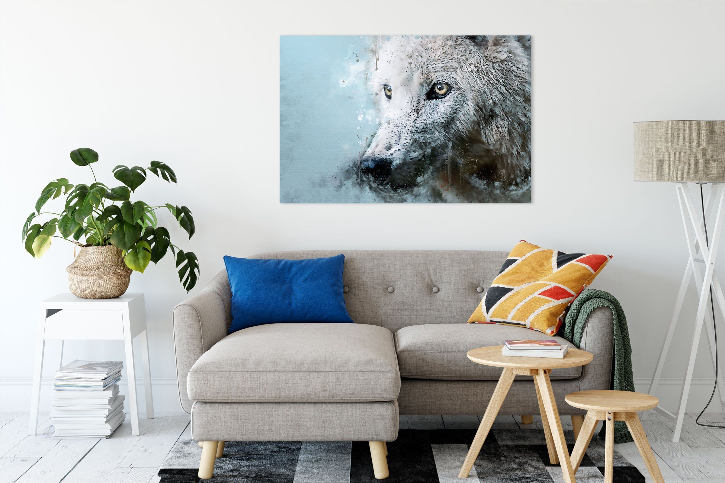 Nahaufnahme, Zackenaufhänger Wolf Nahaufnahme Leinwandbild inkl. Dreckiger fertig bespannt, Dreckiger Pixxprint Leinwandbild St), (1 Wolf