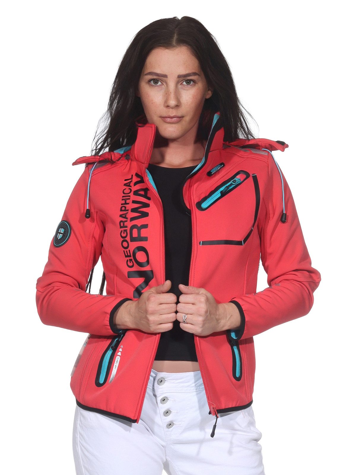 Geographical Norway Softshelljacke Damen Softshell Windbreaker Regen Outdoor Jacke in Unifarbe, mit abnehmbarer Kapuze, mit Stehkragen