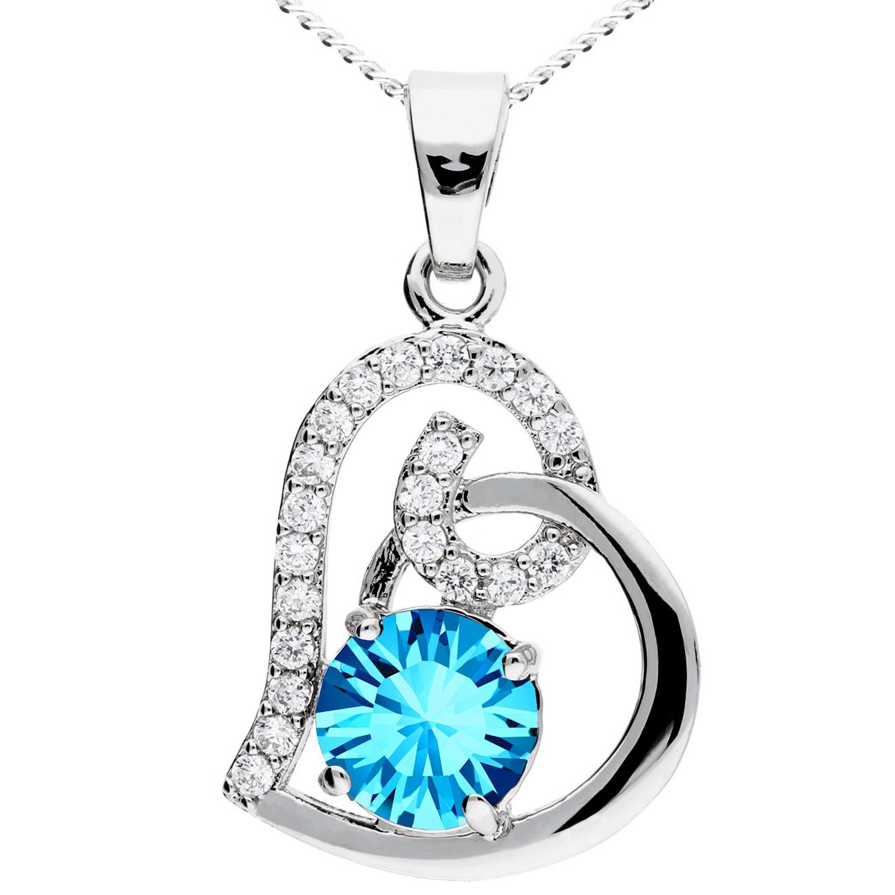 Kette mit Anhänger 750 Weißgold vergoldet Halskette Infinity Herz Zirkonia Silber Blau
