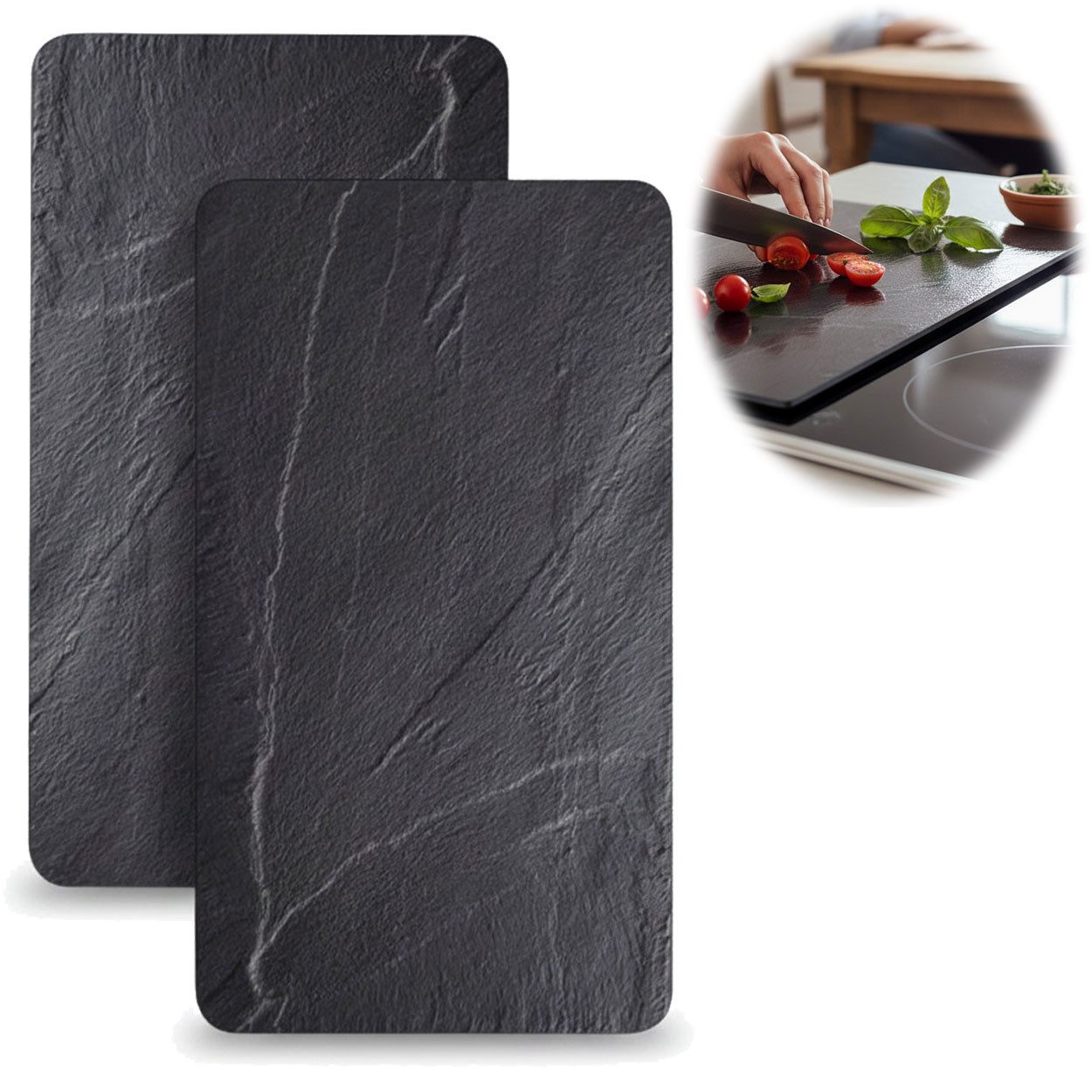LS-LebenStil Schneide- und Abdeckplatte Herdabdeckung für Ceranfeld Schiefer Look Spritzschutz Schneidbrett, Glas, (Granit Optik Style, 2 tlg., ESG Sicherheitsglas Glasschneidebrett Schneidebrett Herdabdeckung), Set Kochfeld Abdeckung Glaskeramikfeld Induktion Serviertablett