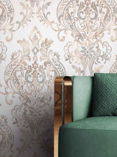 Newroom Vliestapete, Weiß Tapete Barock Ornament - Barocktapete Prunk Beige Grau Glamour Royal Metallic Beton-Optik für Wohnzimmer Schlafzimmer Küche