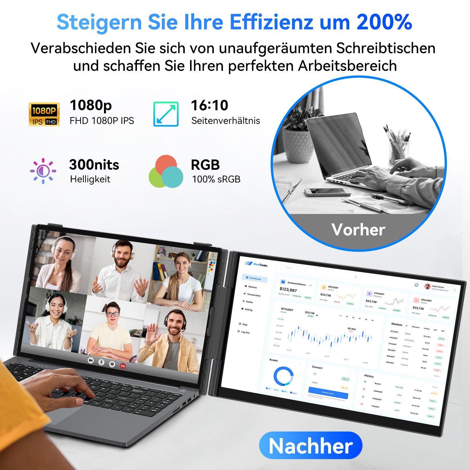 blackview 15.6 Zoll FHD Laptop-Bildschirm-Extender, LCD, IPS, 1920x1200 Portabler Monitor (1920x1200 px, Full HD, IPS, 800g, 180°, 14-17,3 Zoll & Windows/Mac/Android/Chrome-Kompatibilität)