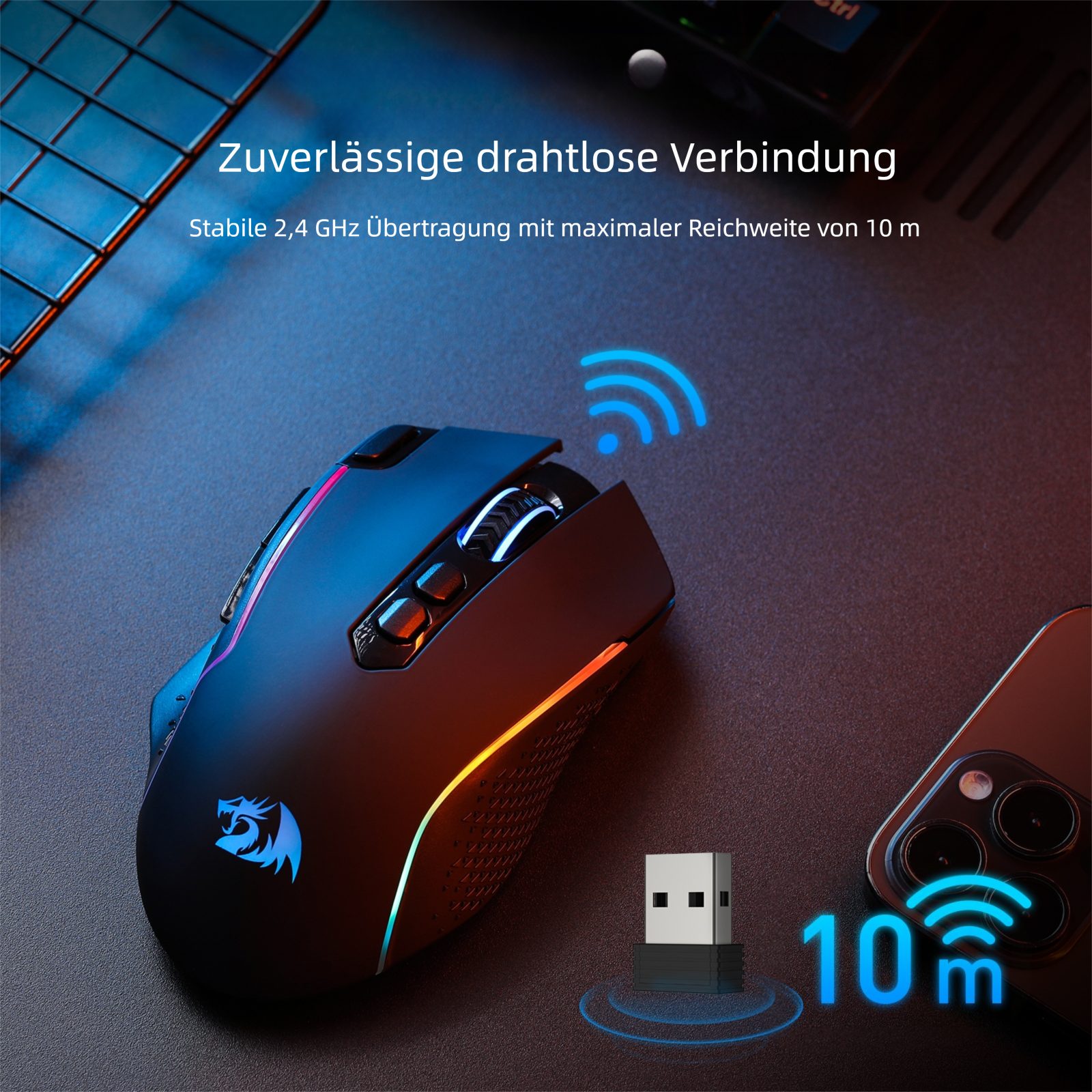 Redragon M810 Pro Kabellos/Kabelgebunden Maus, 10000 DPI, Schnellfeuertaste Gaming-Maus (2,4 GHz Drahtlos (via Nano-Empfänger), Makrofunktion & True Color)