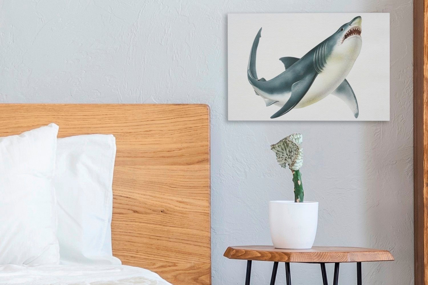 Illustration (1 Hintergrund, 30x20 Wandbild weißem Hais St), OneMillionCanvasses® weißen eines auf cm Leinwandbilder, Aufhängefertig, Leinwandbild Wanddeko, Eine