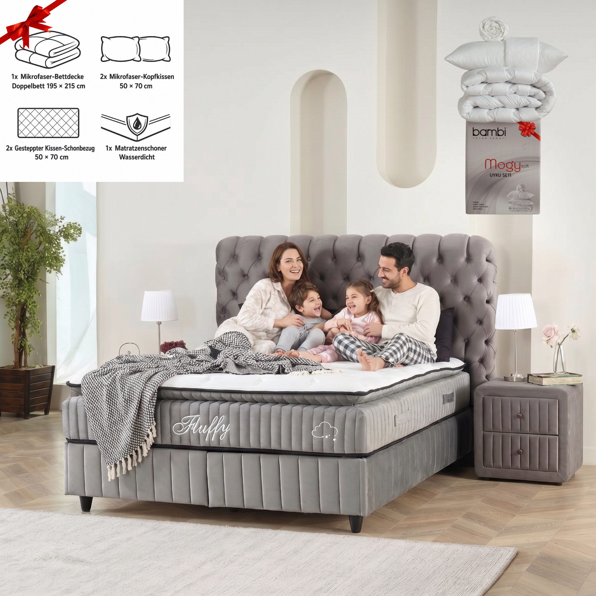 gowoll Boxspringbett Chesterfield Bett 180-140 x 200 Boxpringbett mit Matratze (7 Zonen Allergenfrei & Atmungsaktiv, Orthopädische Matratze mit Topper, 1x Matratze, 2x Bettkasten, 1x Kopfteil), mit Komforteinstiegshöhe von 67cm