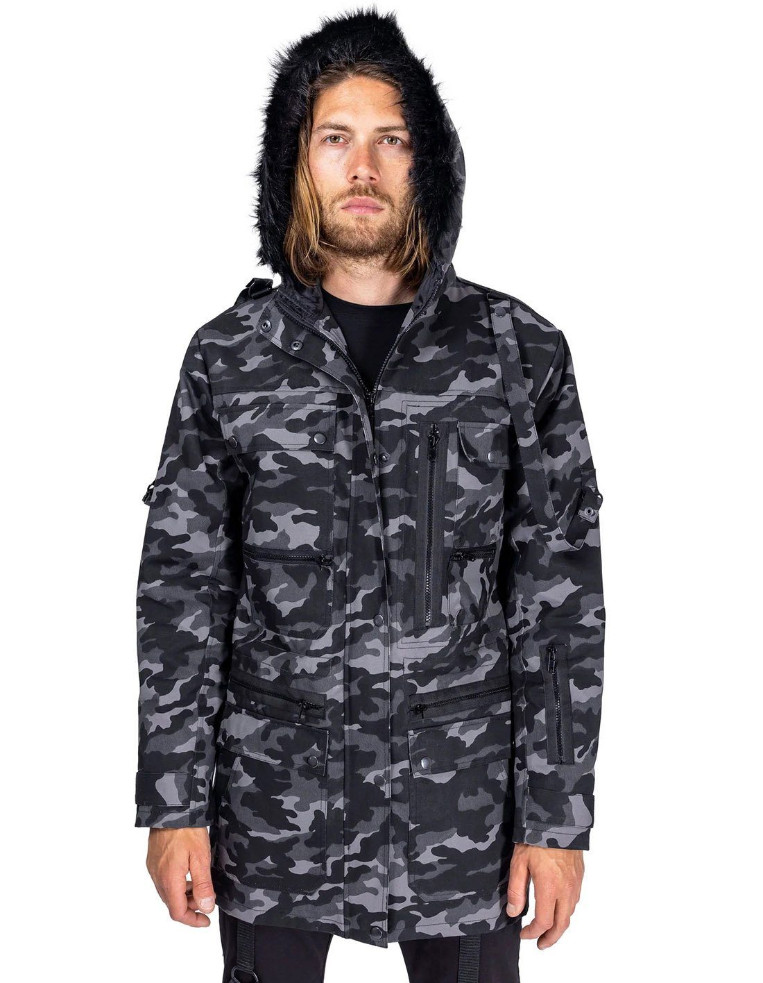 Vixxsin Wintermantel Quillion Parka Jacke Camouflage Grau Schwarz