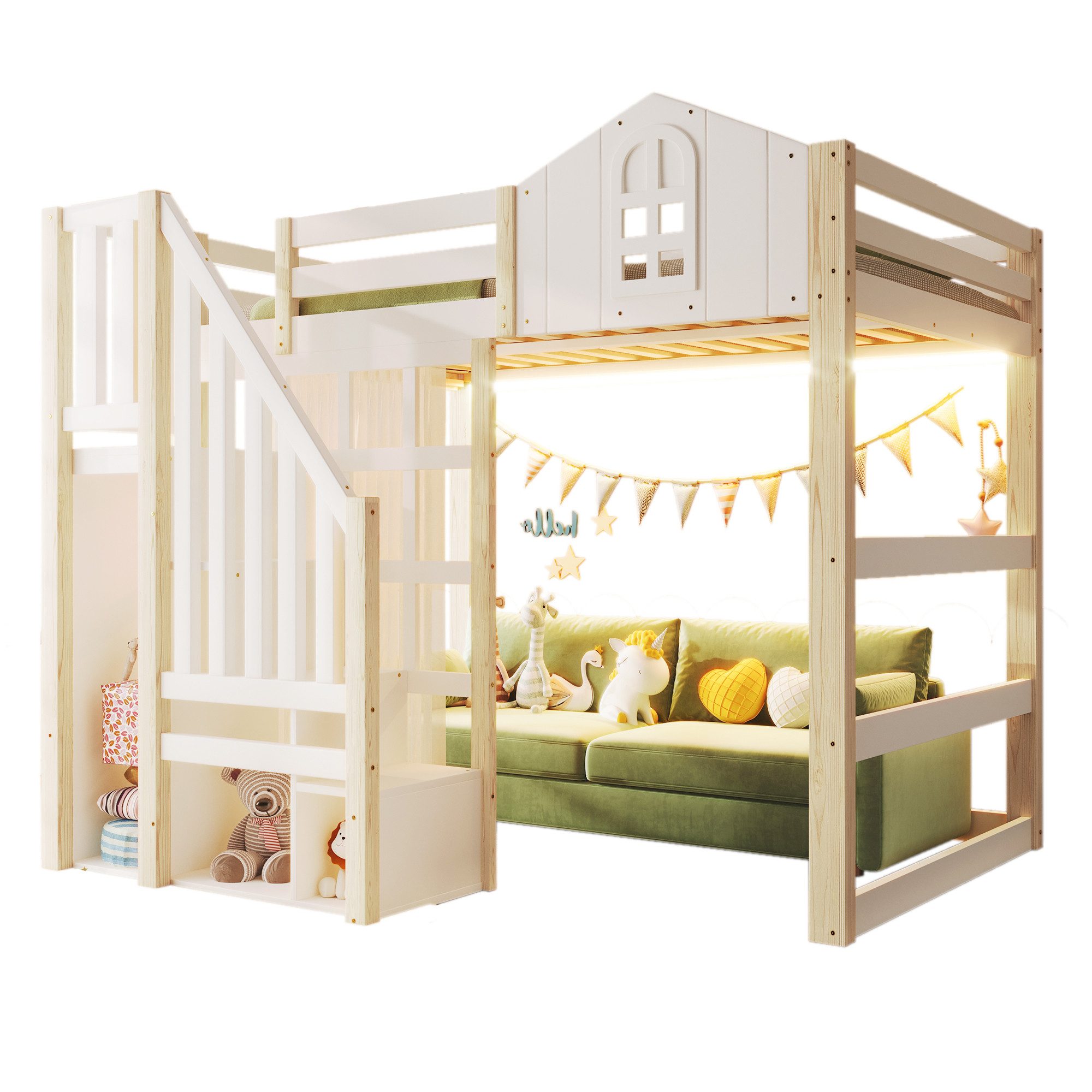 Ulife Etagenbett Hochbett Kinderbett mit LED-Leuchten, Fensterform, Ablageleiter (1-St., Ohne Matratze), Weiß+Natur, 140x200cm