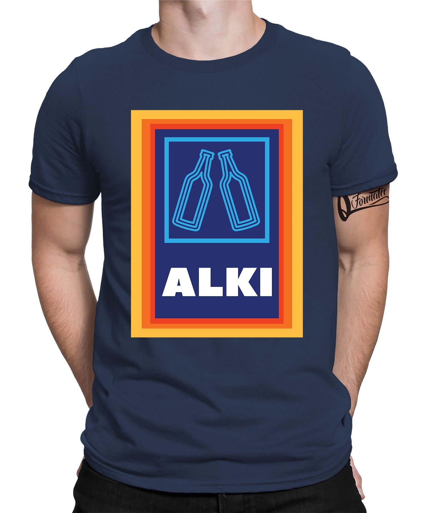 - Kurzarmshirt Herren Quattro T-Shirt Spruch (1-tlg) Aldi Formatee Alki Navy Blau Statement Lustiger