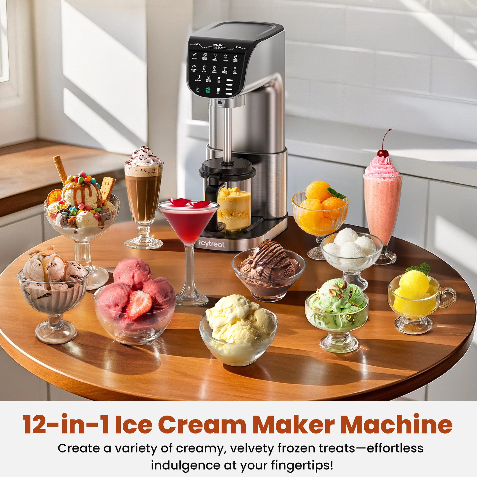 IcyTreat Eismaschine 12-in-1 Eismaschine aus Edelstahl, 500W, 568ml, inkl. 3 Behälter