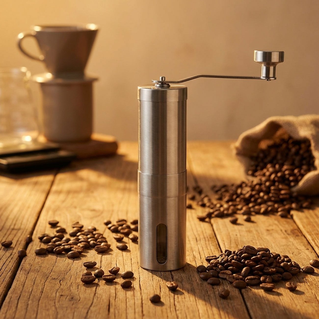 shop'n smile ideoon Kaffeemühle Edelstahl Handkaffeemühle manuell verstellbares Keramikmahlwerk Ø4,8cm, Keramikmahlwerk, stufenlose Einstellung/Sichtfenster, Handkurbel/ Espresso&Filterkaffee