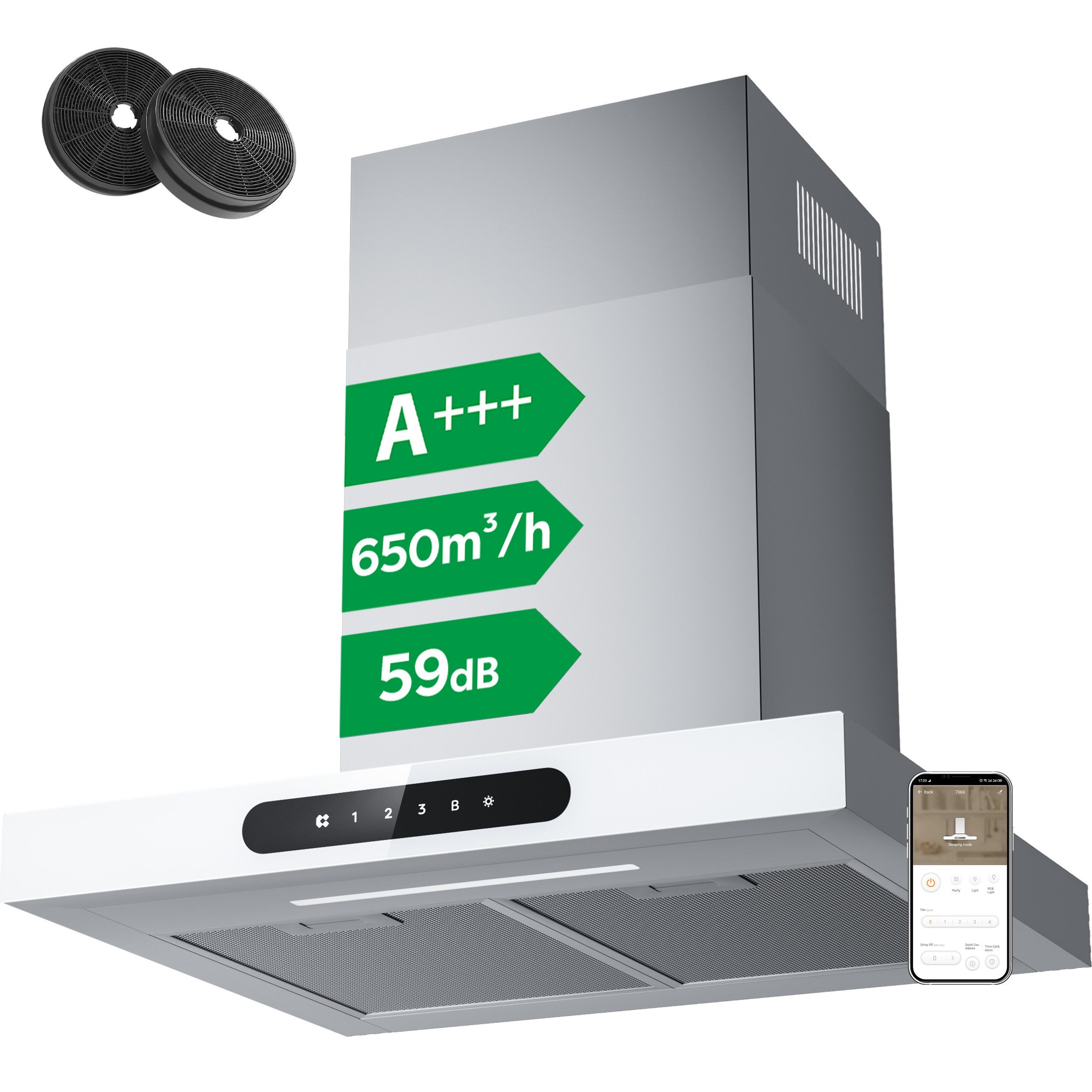 CIARRA Wandhaube 60 cm Dunstabzugshaube A+++ 650 m³/h Umluft & Abluft 4 Stufen VM6102W Serie CIARRA Dynamic 60 cm Dunstabzugshaube A+++ 650 m³/h Umluft & Abluft 4 Stufen VM6102W, Kaminhaube leise WIFI-APP Touch Control Inkl. BOOST mit 2*Kohlefilter