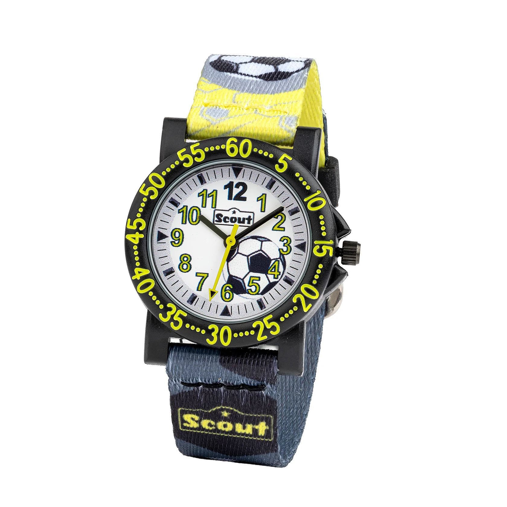 Scout Quarzuhr Kinderuhr 164000214 Fußball Lernuhr Textilband Schwarz 32,5 mm