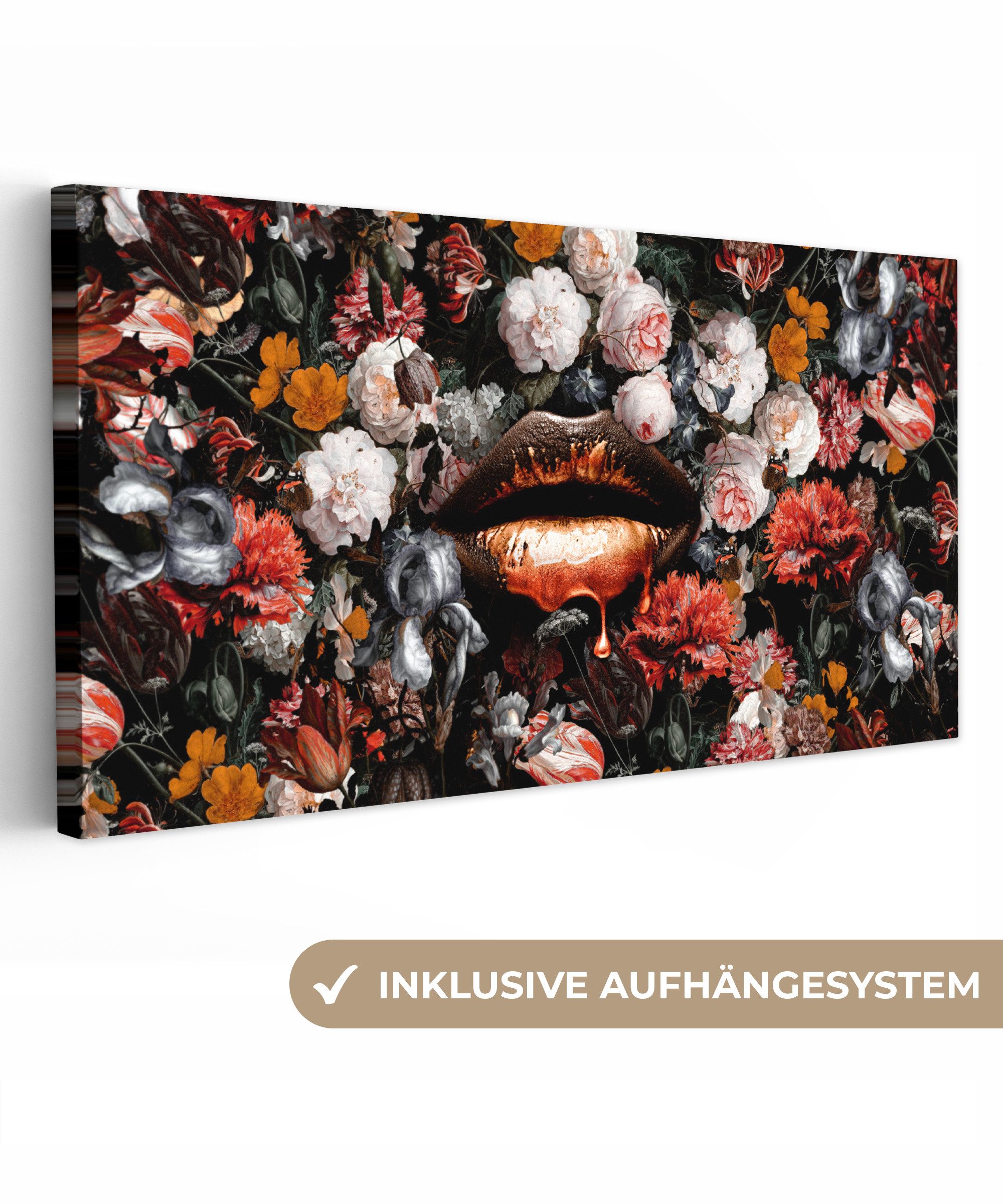 OneMillionCanvasses® Leinwandbild Panorama Lippen - Blumen - Farbe - Orange - Kunst - Abstrakt - Alte Me, Fotodruck (1 St), Wandbild, Deko Schlafzimmer Wohnzimmer Flur 40x20 cm