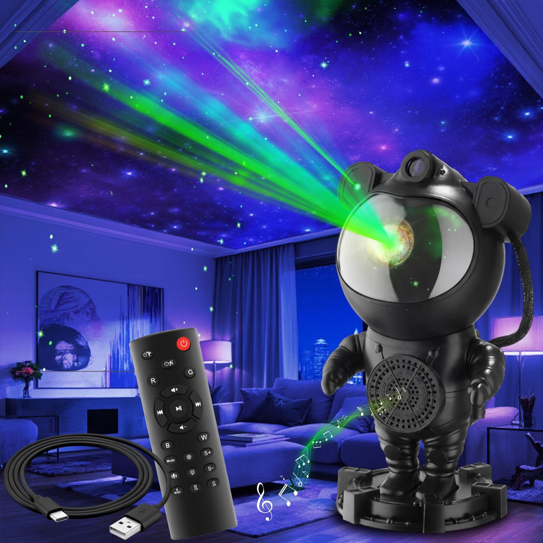 tectake LED Nachtlicht LED-Sternenhimmelprojektor, 12 x 11,5 x 23,5 cm, 5 W, 4 RGB-Farben, 360°-Kopf, Bluetooth/Musik, 8 Sounds, Timer, Stern/Mond/Nebel
