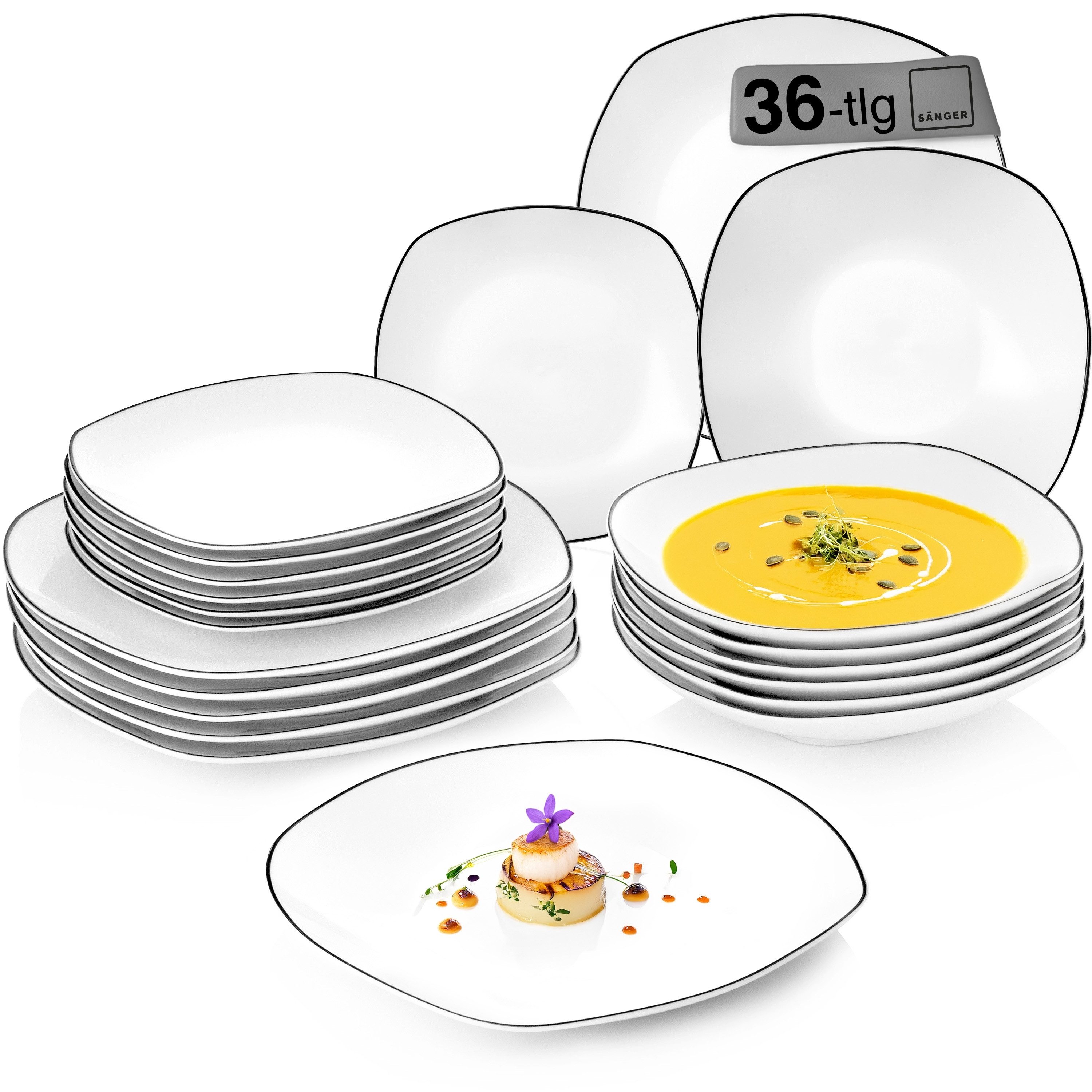 SÄNGER Tafelservice Bilgola Black Rim (36-tlg), 12 Personen, Porzellan, Weiß mit schwarzen Akzenten, spülmaschinenfest, Premium Collection