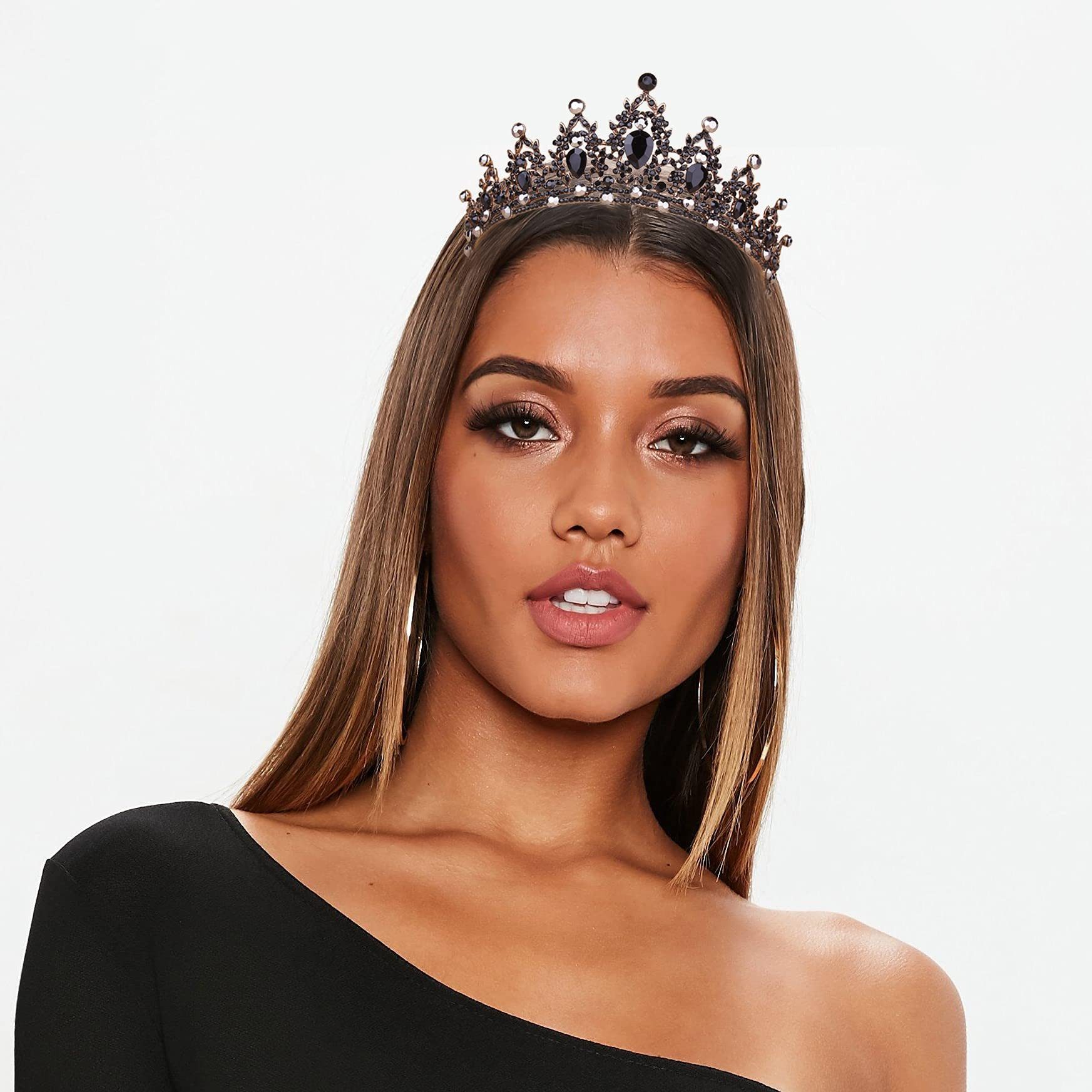 FOUORTUNATE-BEE Haarreif Schwarze Diadem mit Kristall, Barock Hexe Böse Königin Kostüm Stirnband für Braut Prinzessin Geburtstag, Cosplay Party Hochzeit Abschlussball Quinceanera Festzug