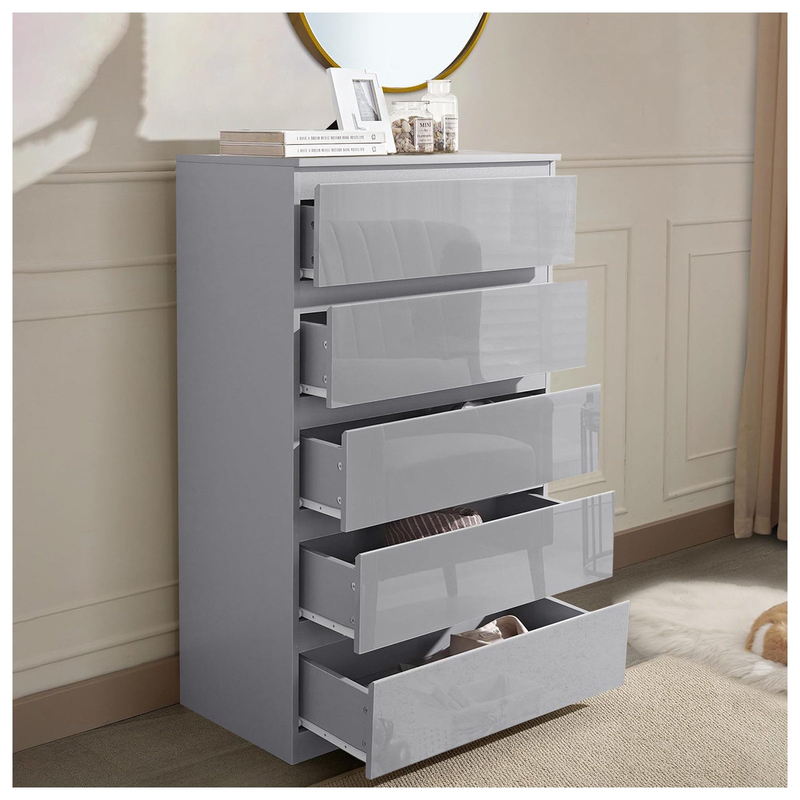 HTI-Living Kommode Kommode Kenji 5 Schubladen Hochglanz Grau (Stück, 1 St., 1 Kommode), Sideboard