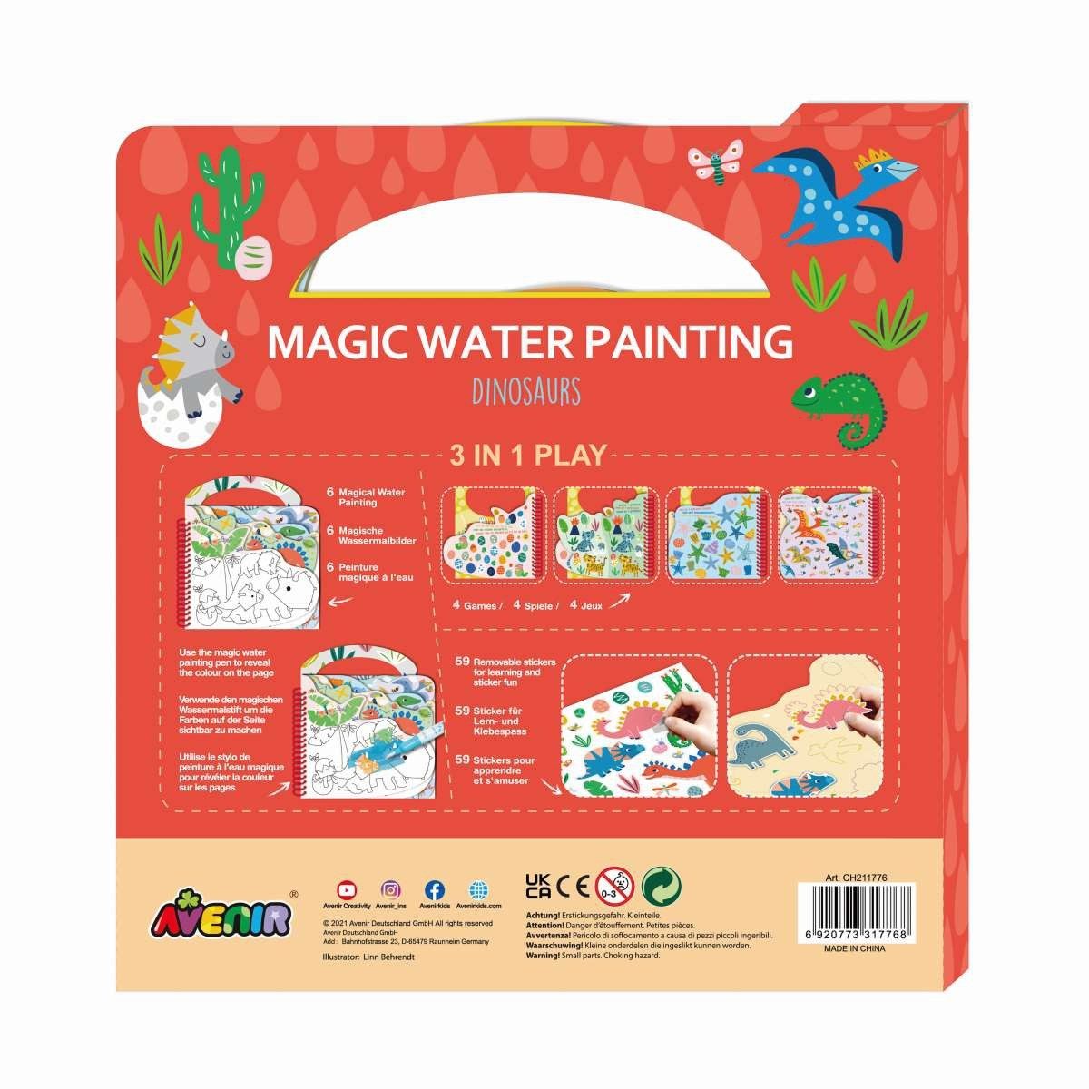 Avenir Malbuch 3in1 Malbuch Dinosaurier mit Stickern & Wasserstift ab 3 Jahren