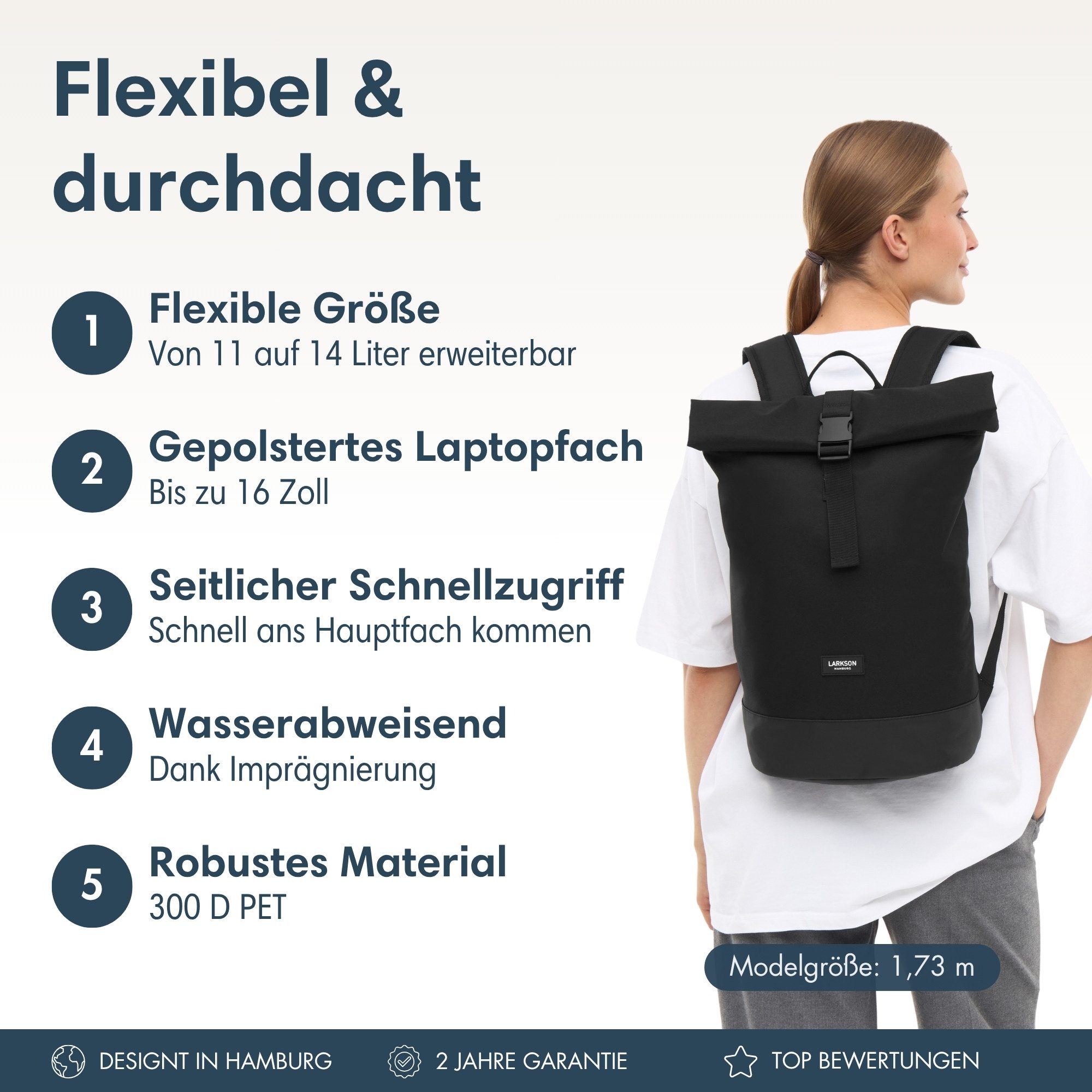 LARKSON Cityrucksack Janne Small Tagesrucksack 11-14 Liter für Damen & (1-tlg), Flexible Größe, Gepolstertes Laptopfach, Wasserabweisend