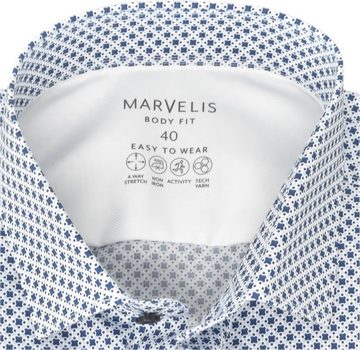MARVELIS Businesshemd Easy To Wear Hemd - Body Fit - Langarm - Muster - Blau/Weiß 4-Wege-Stretch