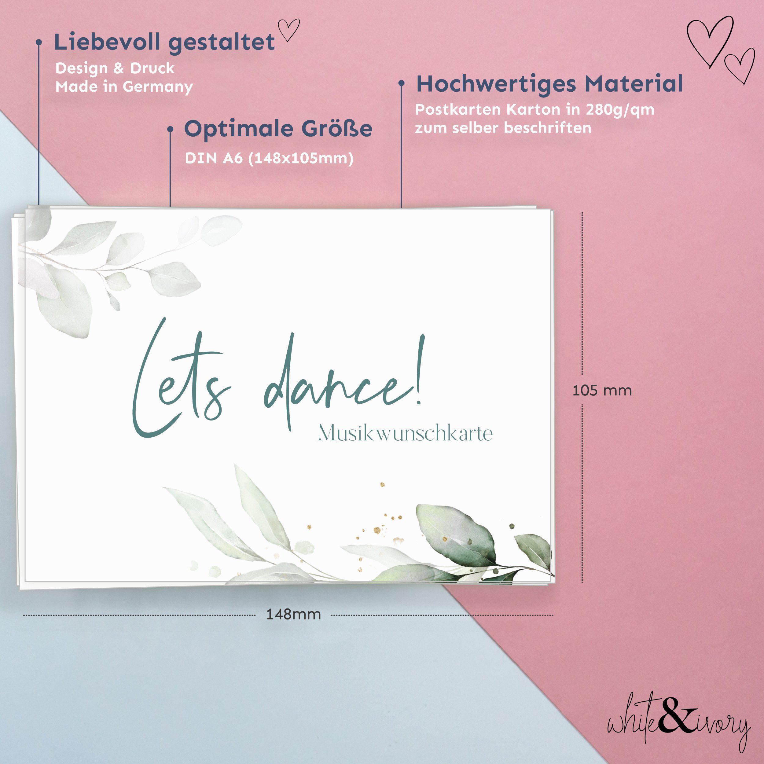 white & ivory Papierdekoration Musikwunschkarte, eukalyptus türkis, 50 Stück, beschreibbar