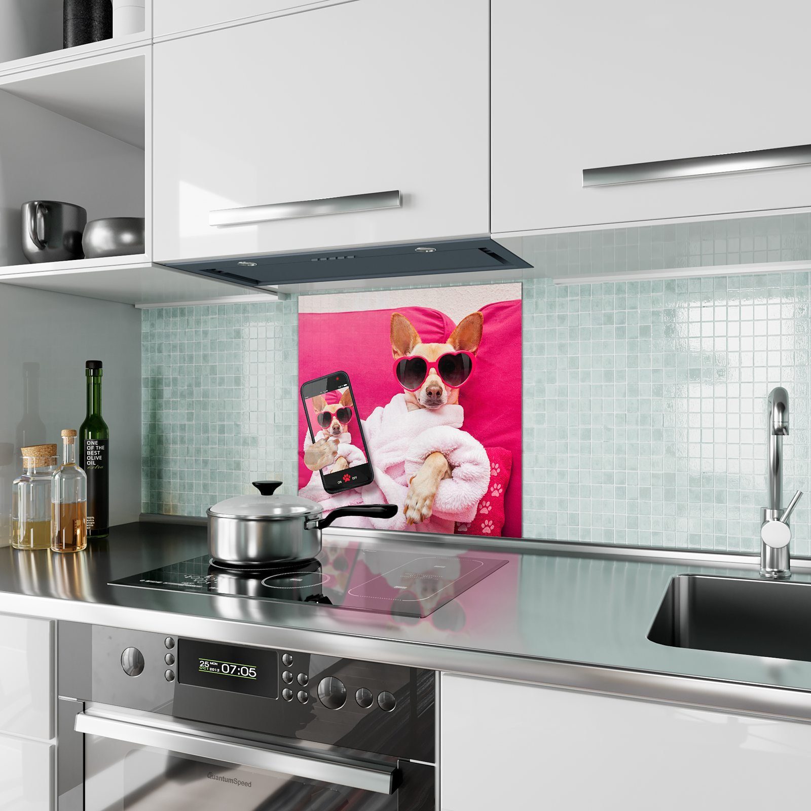 Glas mit Küchenrückwand Sonnenbrille Hund Primedeco Küchenrückwand mit Motiv Spritzschutz