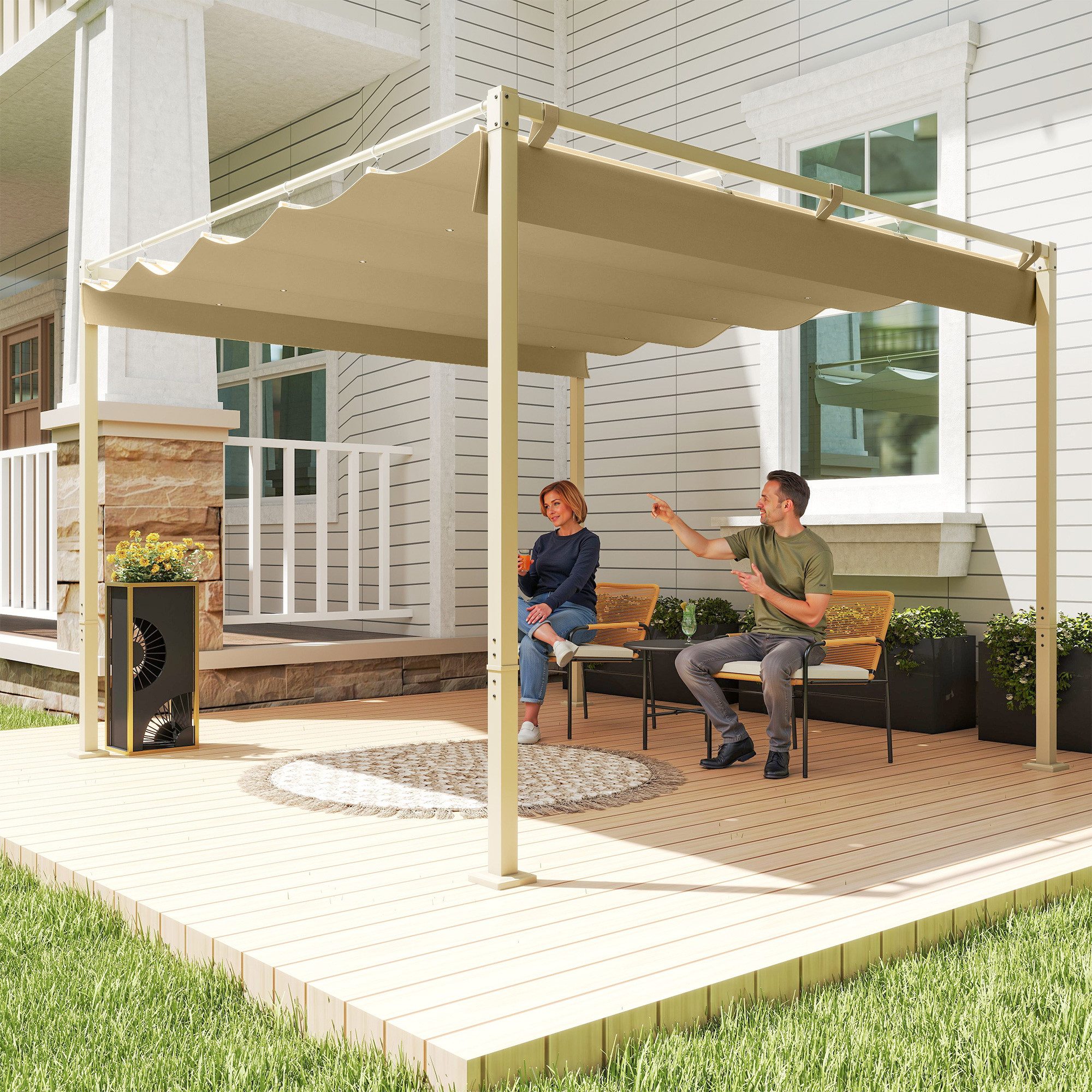 Outsunny Pergola mit magnetischem Pad, verstellbares Dach, BxTxH: 297.0x297.0x221 cm, (Terrassendachung, 1-tlg., Garten Pavillon), für Terrasse und Garten, Khaki