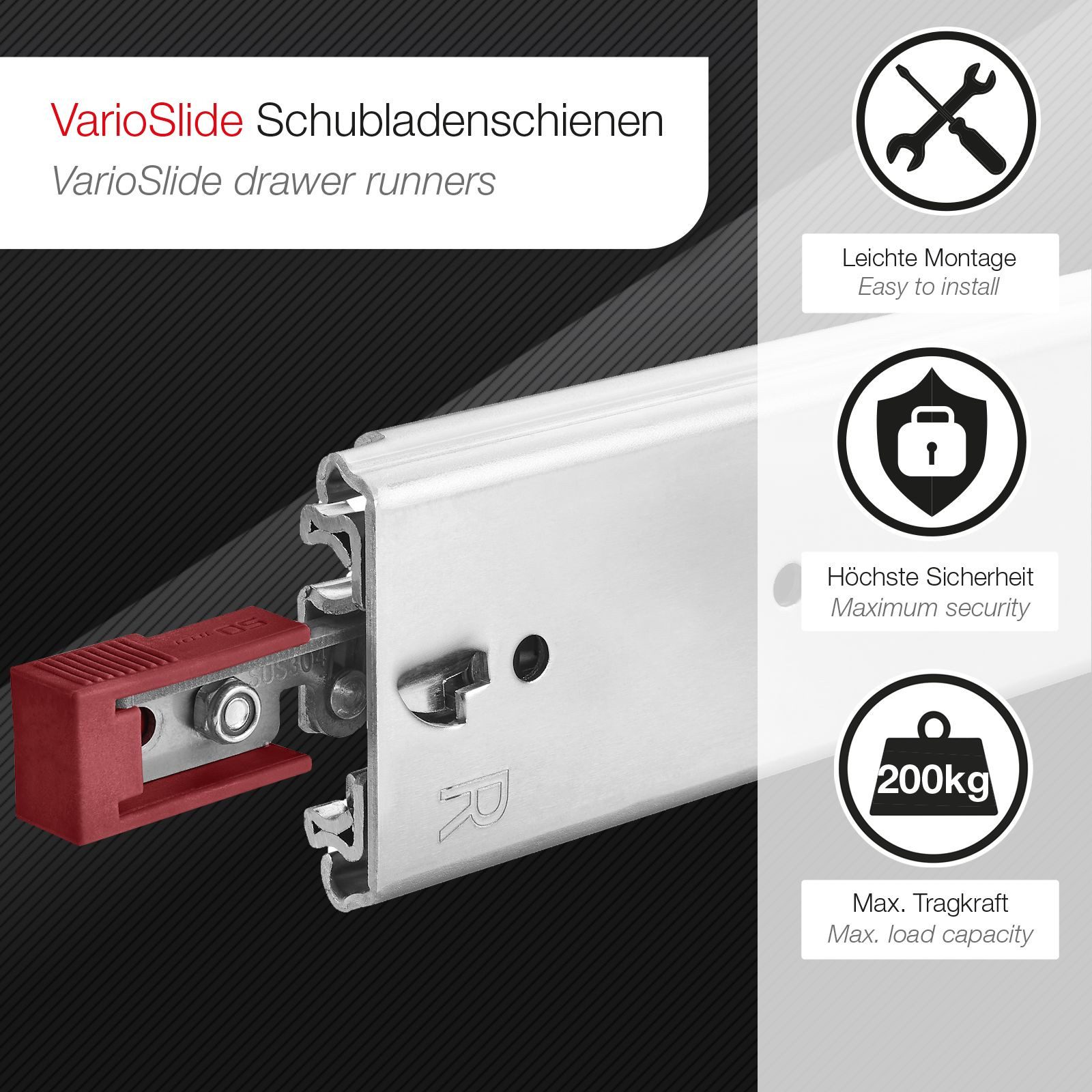 SO-TECH® Auszug Schwerlastauszug 200 kg mit Lock-in/out Einrastfunktion, roter Hebel, VarioSlide KV2-200-H76-L500-EH 508 mm