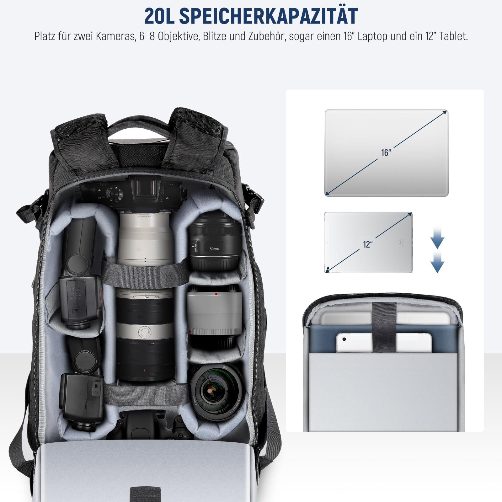 Neewer Kameratasche PB010 Kamerarucksack 20L, wasserdicht, mit Laptopfach 15", für DSLR (Packung, Farbe:schwarz, Grundfarbe:schwarz)