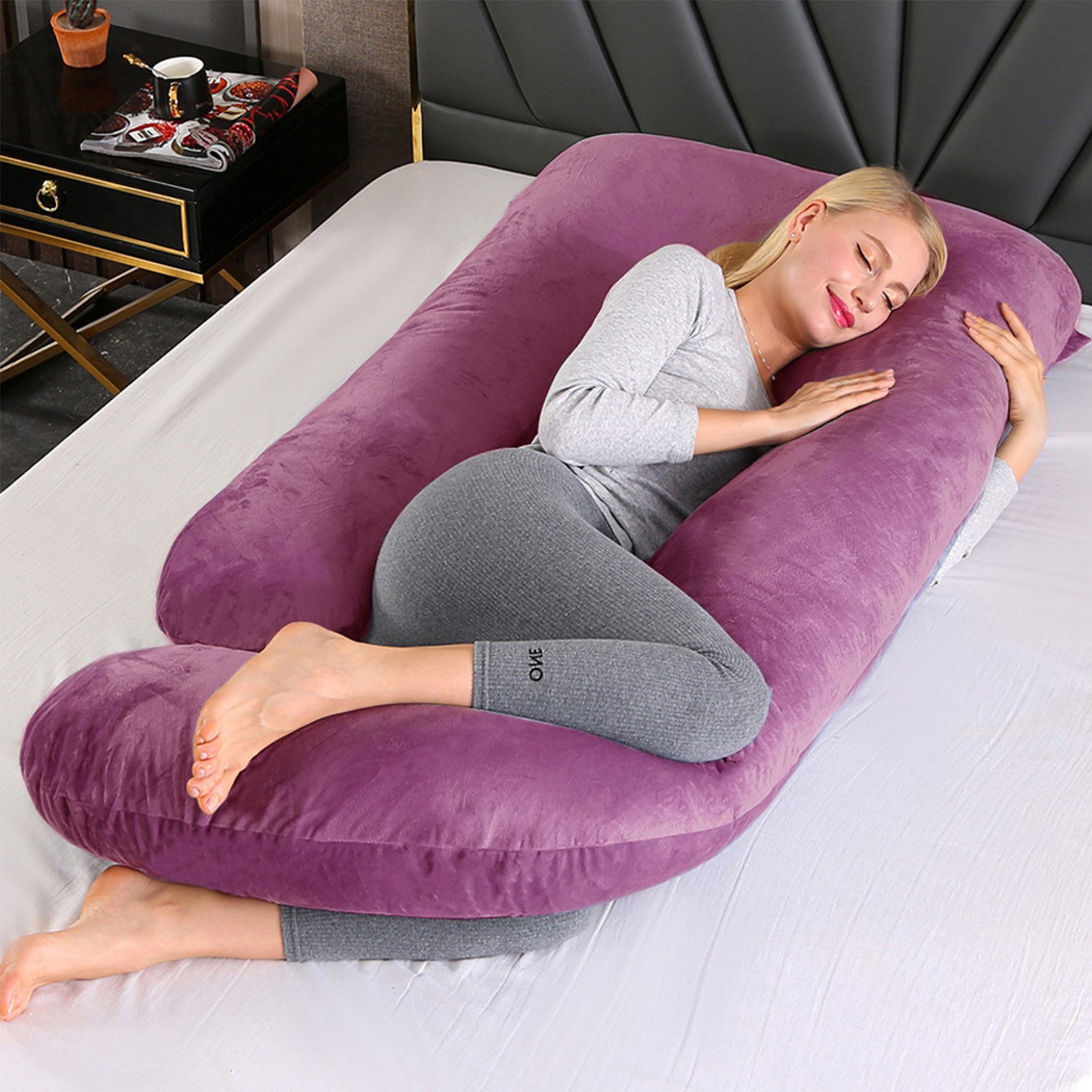 CALIYO Seitenschläferkissen Stillkissen, J-förmiges Schwangerschaftskissen zum Schlafen, Seitenkissen, Seitenschläferkissen ergonomisch geformt – Bild 2 von 5