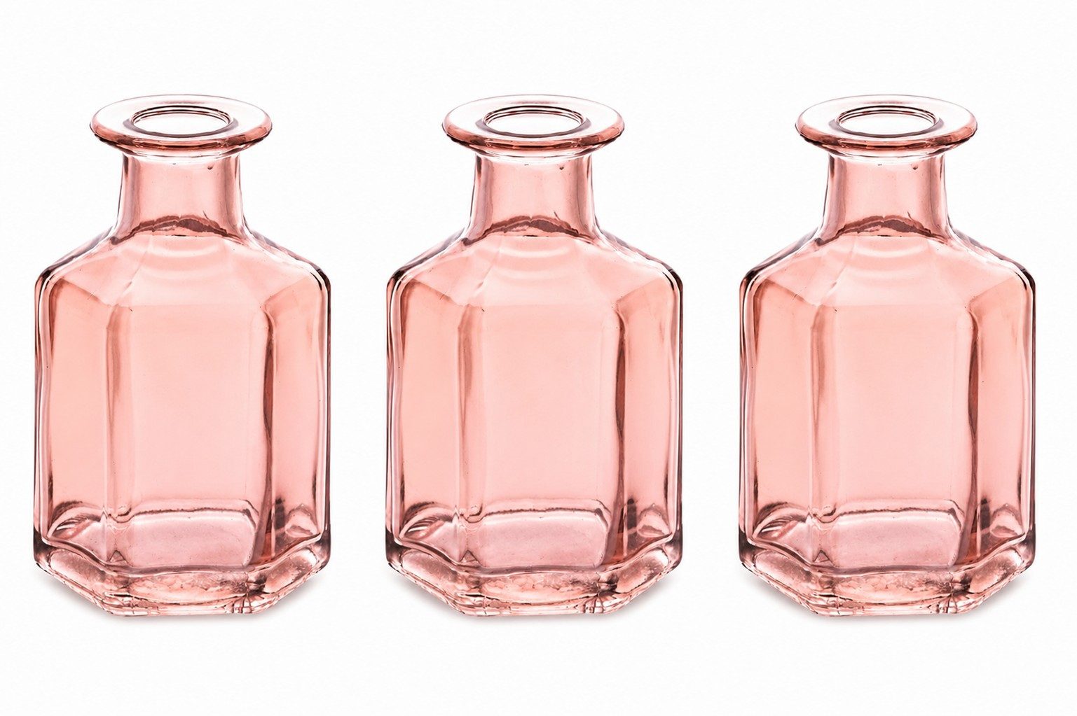 CHAKS Tischvase 3er Set Glasvasen Altrosa – Sechseckige Mini Blumenvasen Vintage